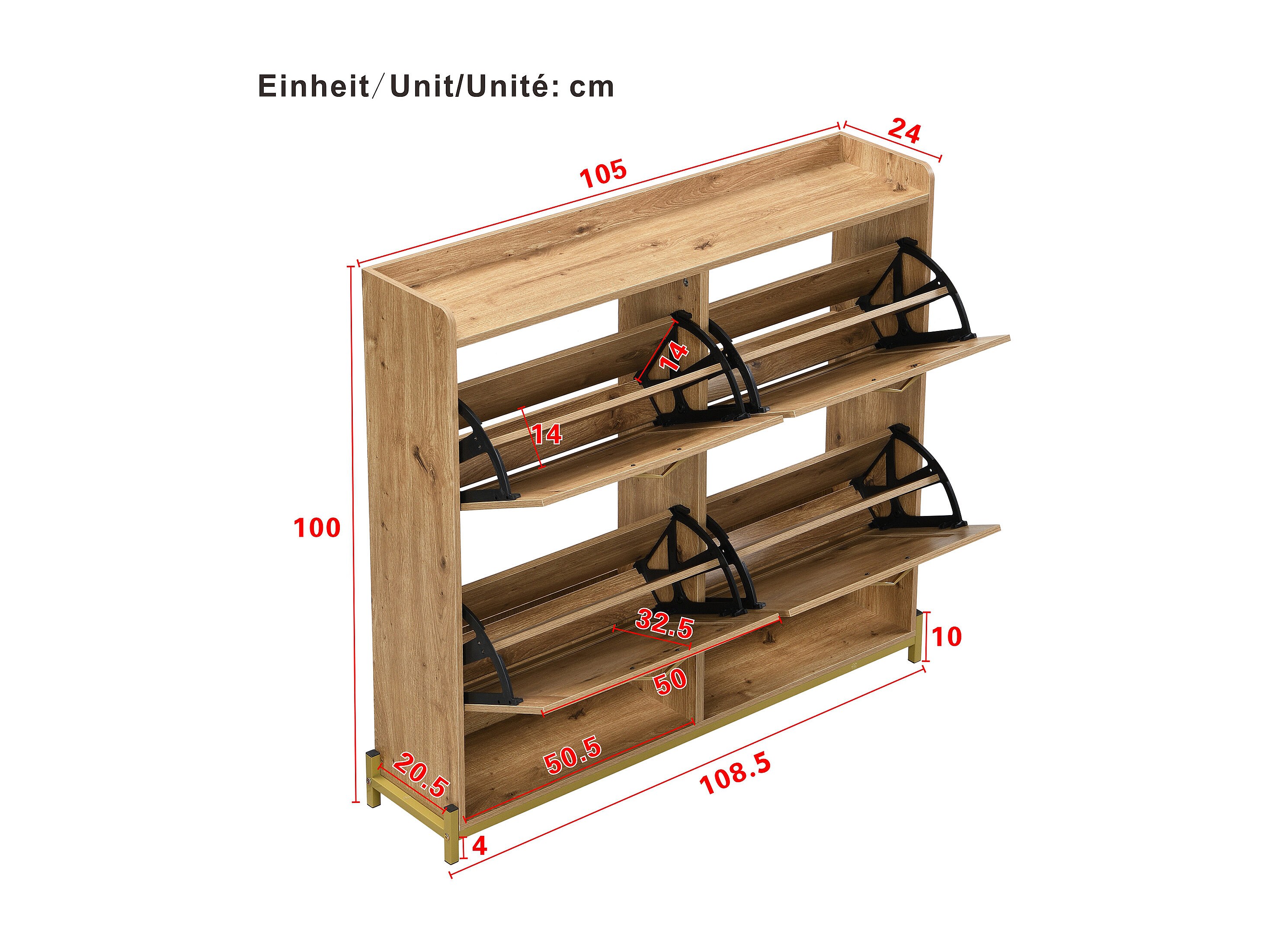 Schoenenkast met 3 uitklapbare lades, houten schoenenrek, MDF, wit