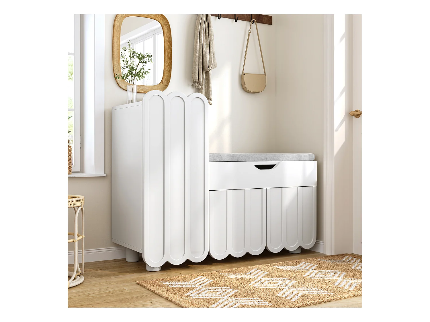 Meuble à chaussures blanc 90x35x74,5 cm avec 3 portes et 1 tiroir, banc à chaussures intégré