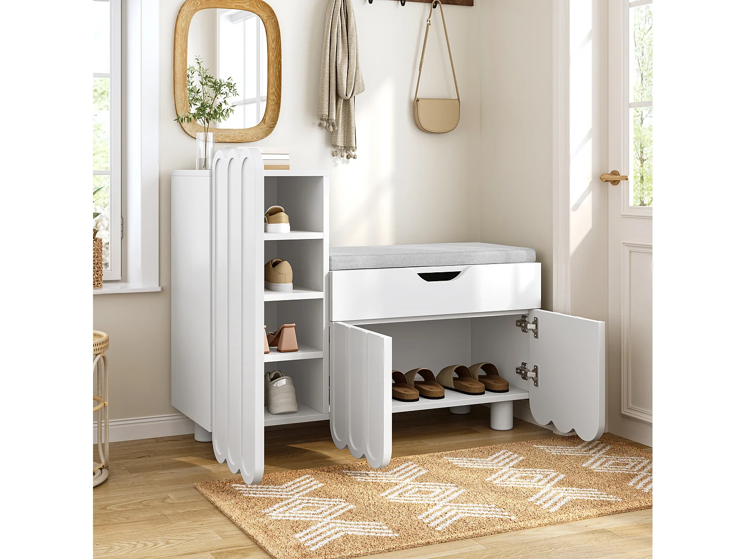 Sapateira branca 90x35x74,5 cm com 3 portas e 1 gaveta, sapateira embutida, estilo simples