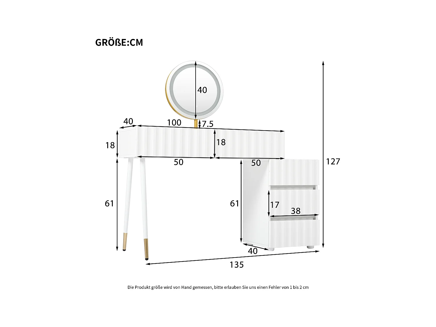Moderne kaptafel met LED-spiegel en 3 lades - 100 x 40 x 127 cm - wit