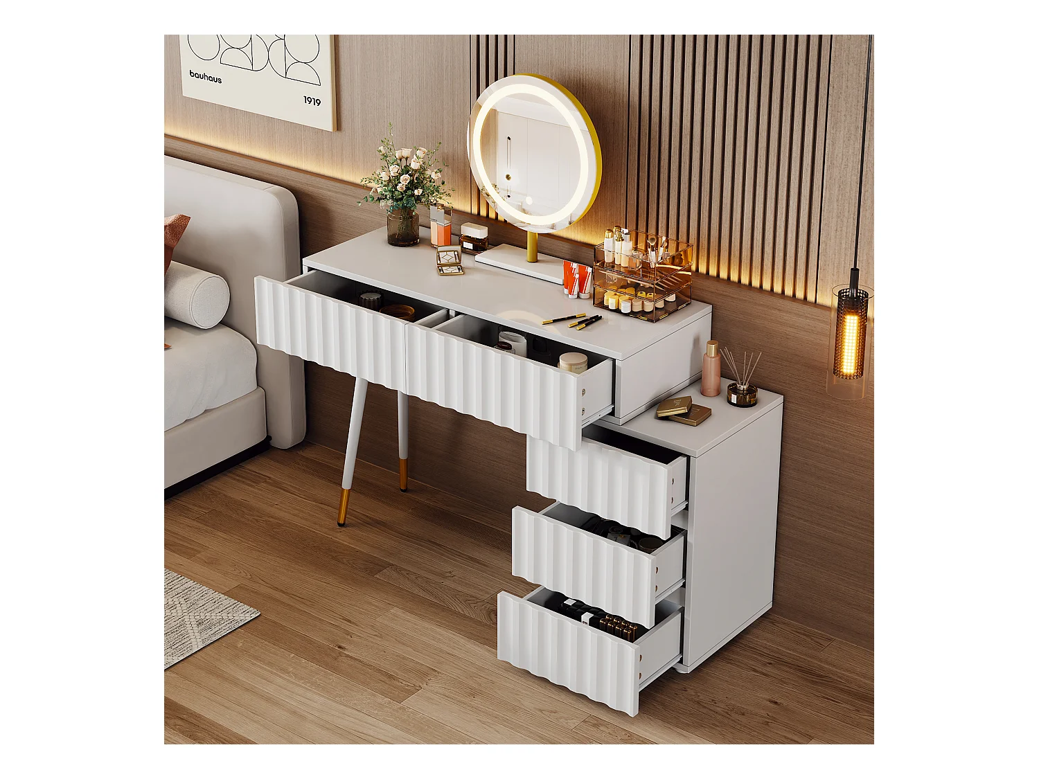 Coiffeuse moderne avec miroir LED avec 3 tiroirs - 100 x 40 x 127 cm - blanc