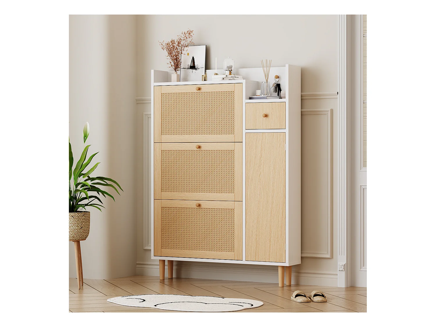 Meuble à chaussures en bois et rotin, 3 portes et 1 tiroir, 90 x 17 x 125 cm, coloris naturel + blanc