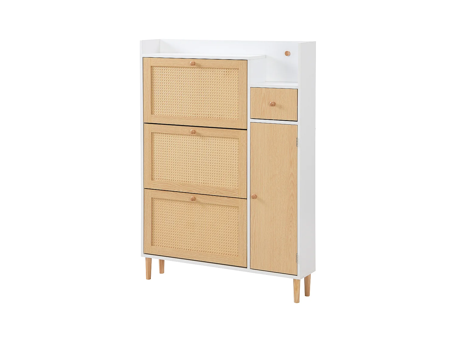 Meuble à chaussures en bois et rotin, 3 portes et 1 tiroir, 90 x 17 x 125 cm, coloris naturel + blanc