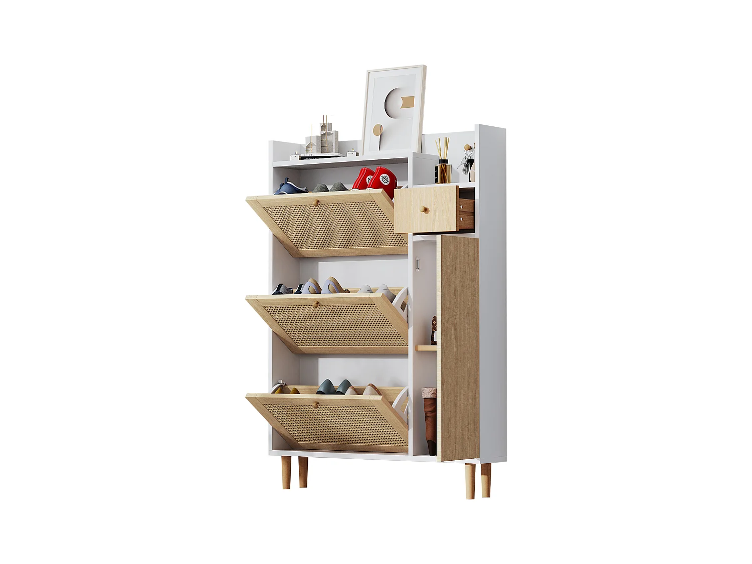 Meuble à chaussures en bois et rotin, 3 portes et 1 tiroir, 90 x 17 x 125 cm, coloris naturel + blanc