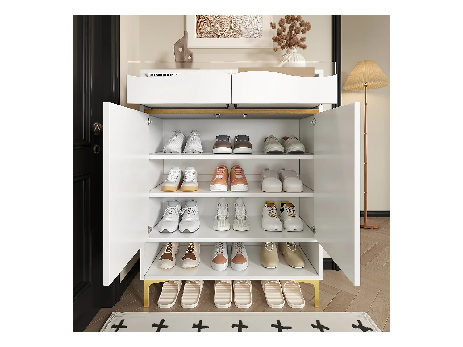 Zapatero moderno con 2 cajones y 2 puertas 80×35×105 cm Gran espacio de almacenaje con luces LED Blanco