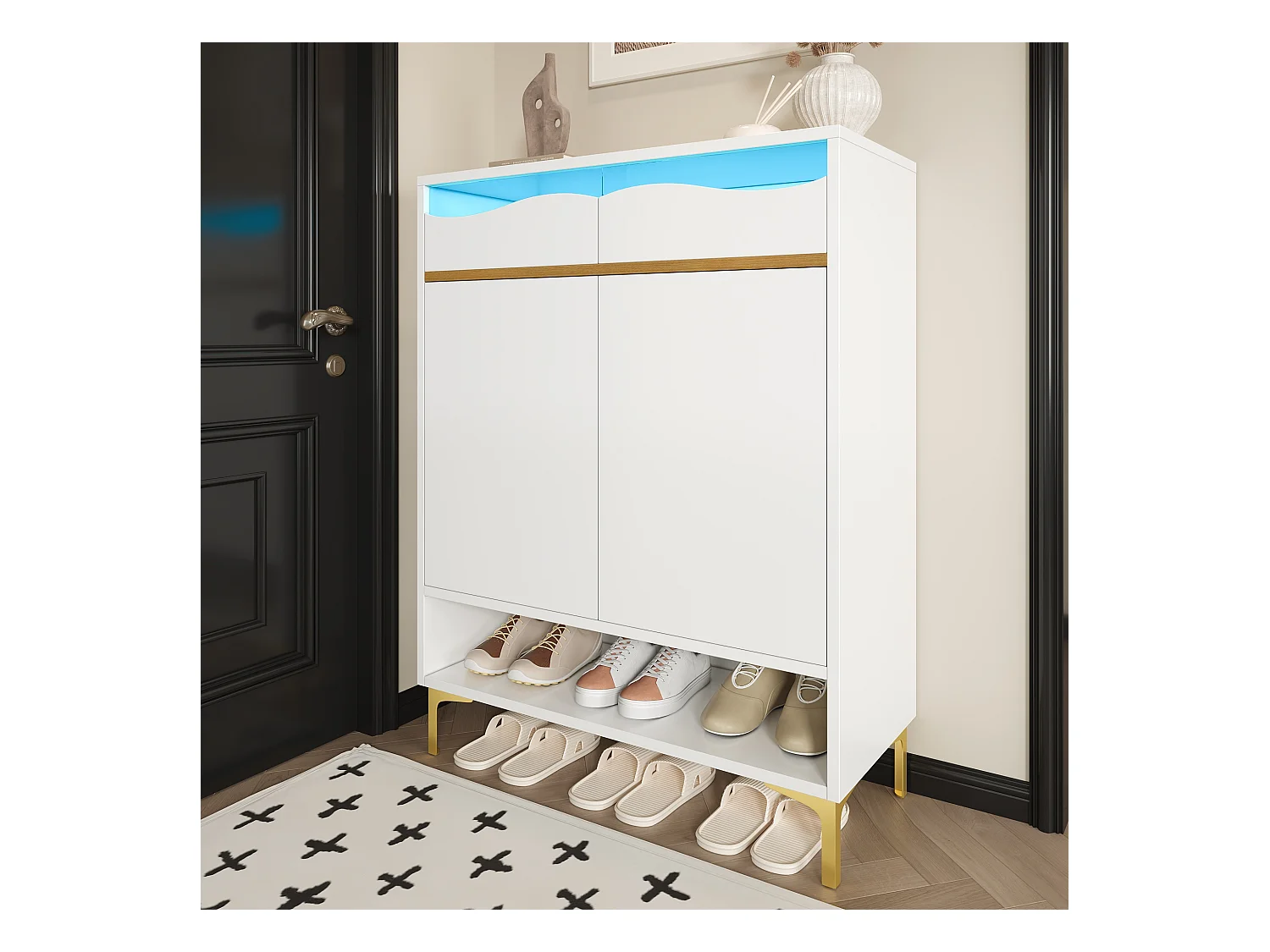 Meuble à chaussures Blanc lumières LED avec 2 tiroirs et 2 portes 80×35×105 cm Grand espace de rangement