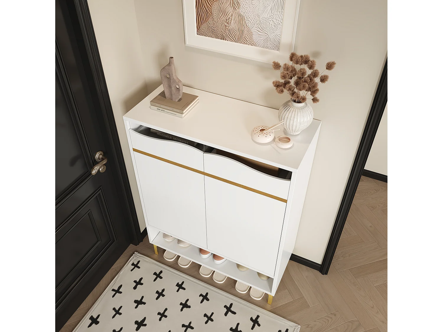 Meuble à chaussures Blanc lumières LED avec 2 tiroirs et 2 portes 80×35×105 cm Grand espace de rangement