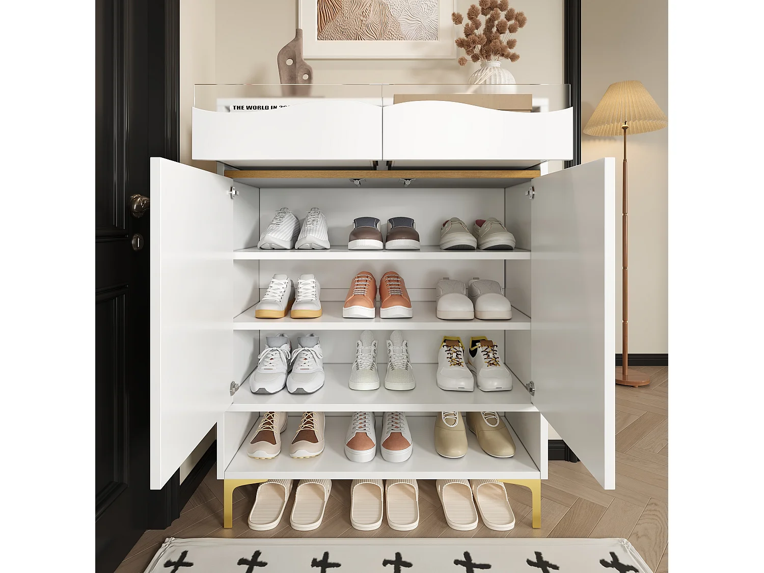 Meuble à chaussures Blanc lumières LED avec 2 tiroirs et 2 portes 80×35×105 cm Grand espace de rangement