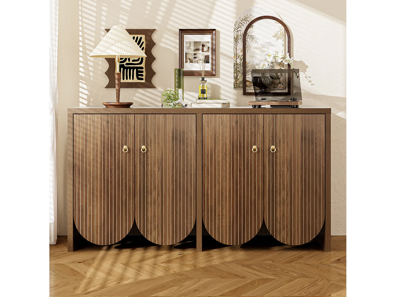 Walnotenhouten dressoir 147×40×80 cm met 4 deuren, verstelbare tussenschotten Retro en elegant Multifunctionele opbergruimte