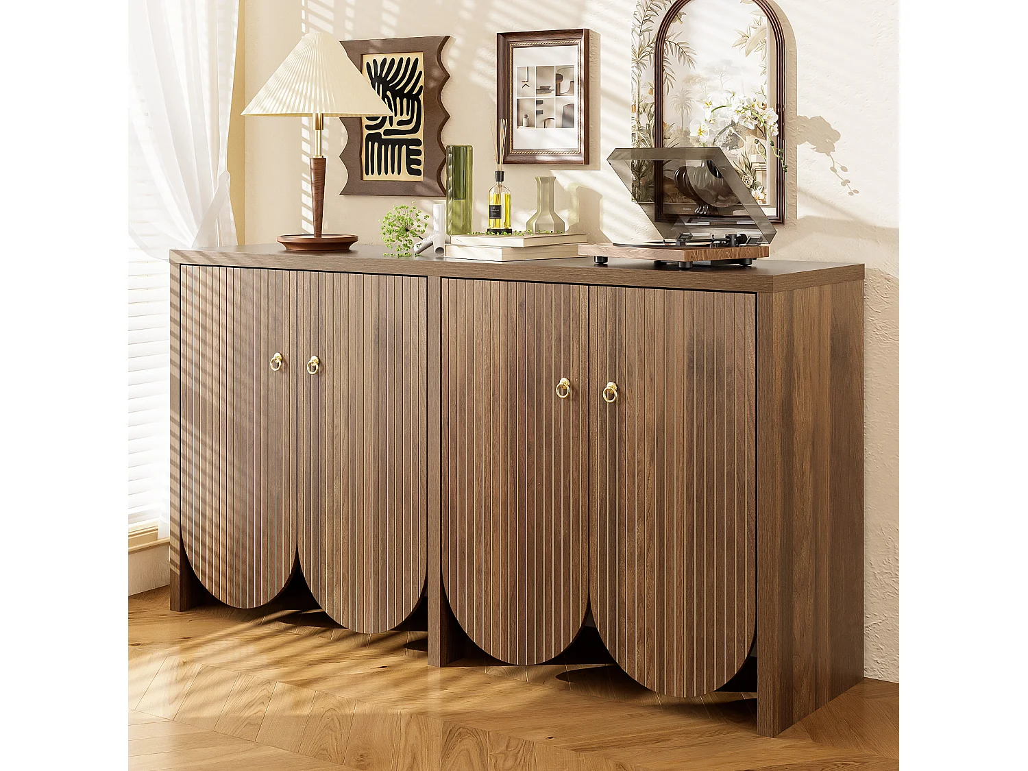 Walnotenhouten dressoir 147×40×80 cm met 4 deuren, verstelbare tussenschotten Retro en elegant Multifunctionele opbergruimte