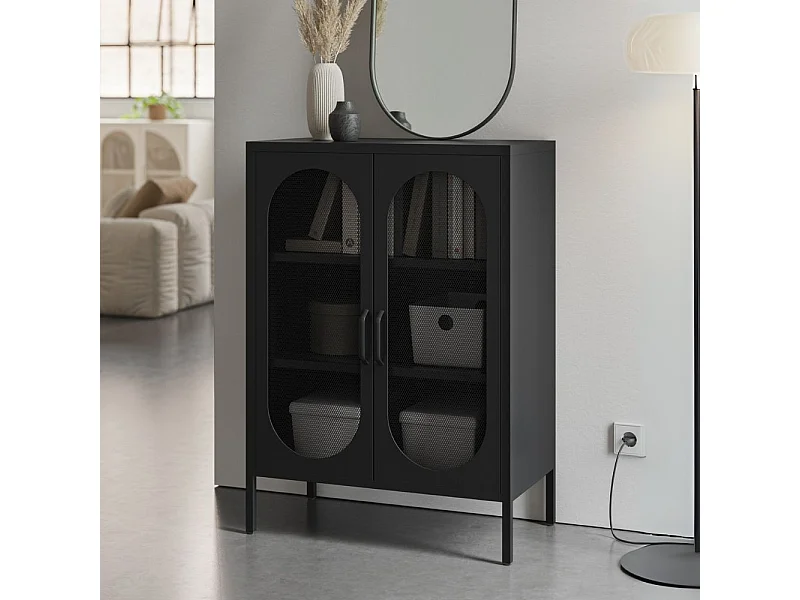 Mobile in metallo Diora nero con ante reticolate 70x40x100H – Design industriale, anima versatile