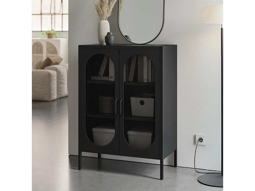 Mobile in metallo Diora nero con ante reticolate 70x40x100H – Design industriale, anima versatile