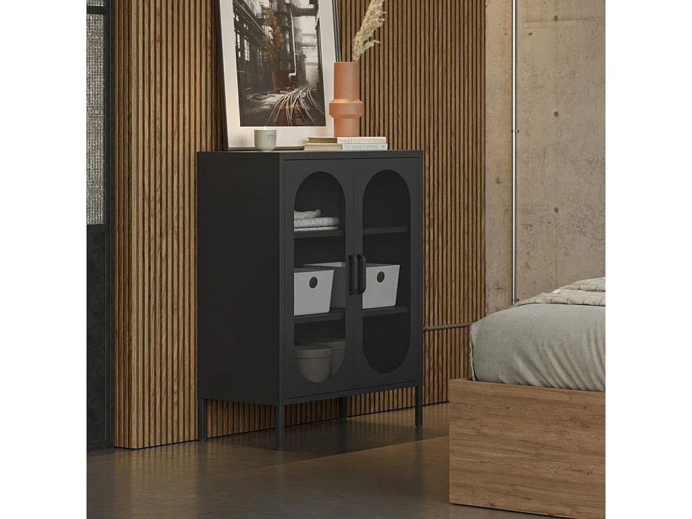 Mobile in metallo Diora nero con ante reticolate 70x40x100H – Design industriale, anima versatile