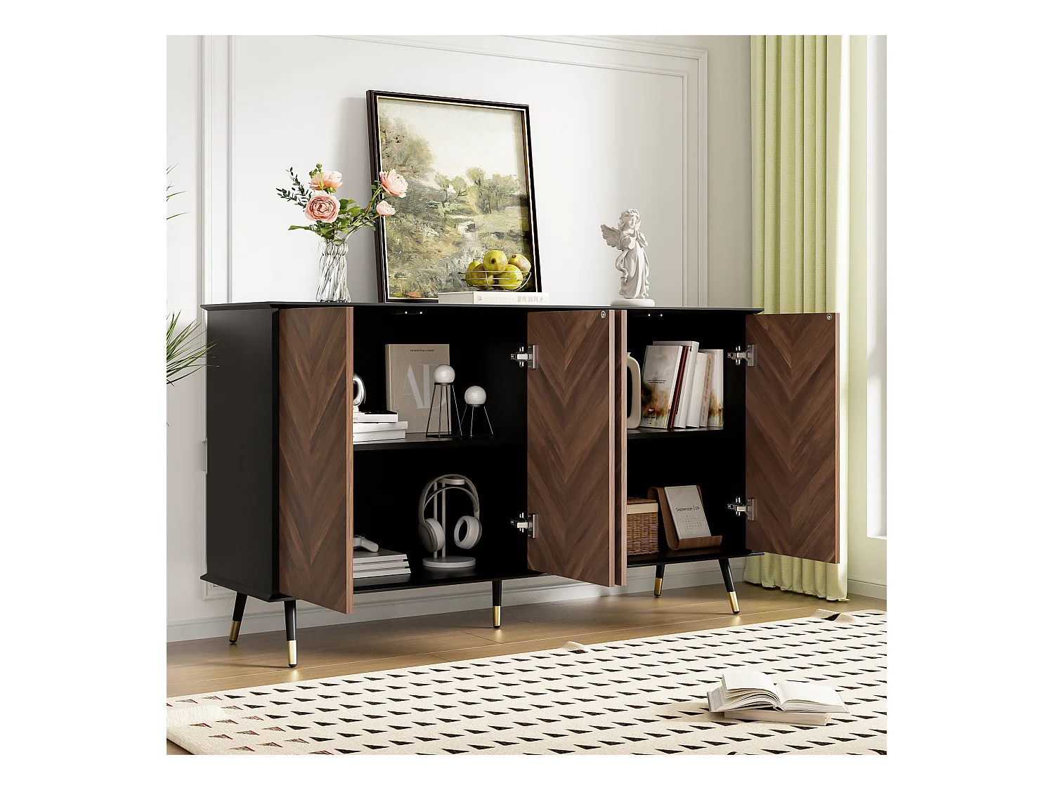 Buffet moderne 140x 38x 90 avec 4 portes, pieds en métal avec étagères réglables, couleurs classiques