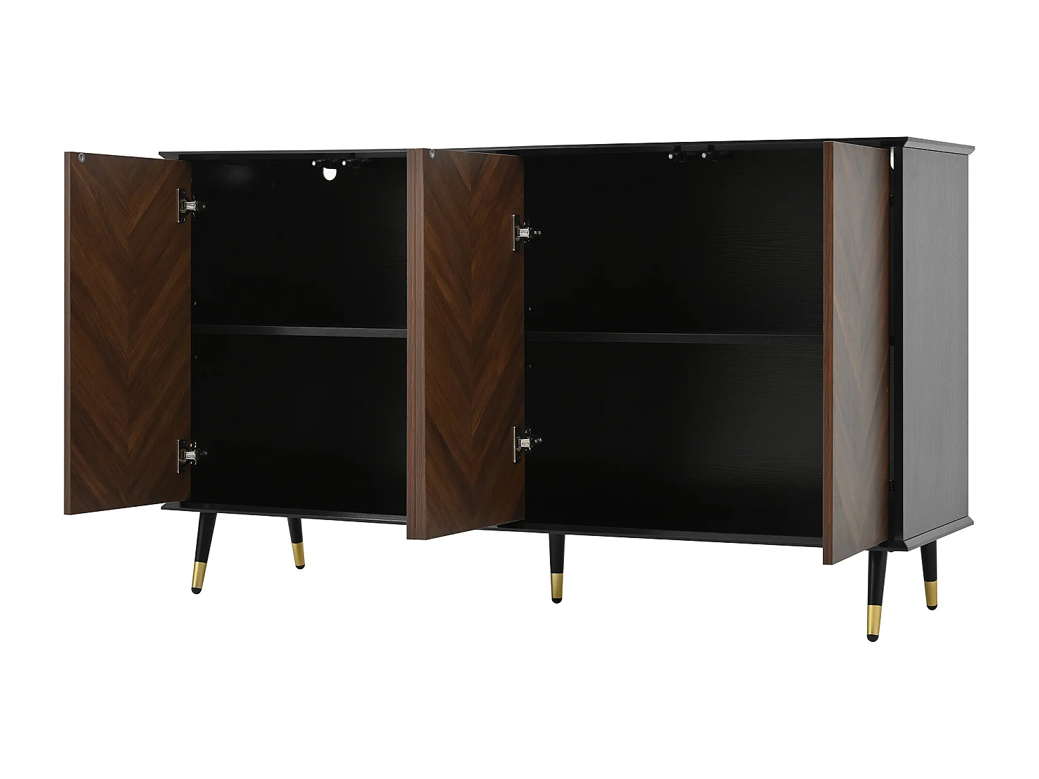 Aparador moderno 140x 38x 90 com 4 portas, pés em metal com prateleiras ajustáveis, cores clássicas