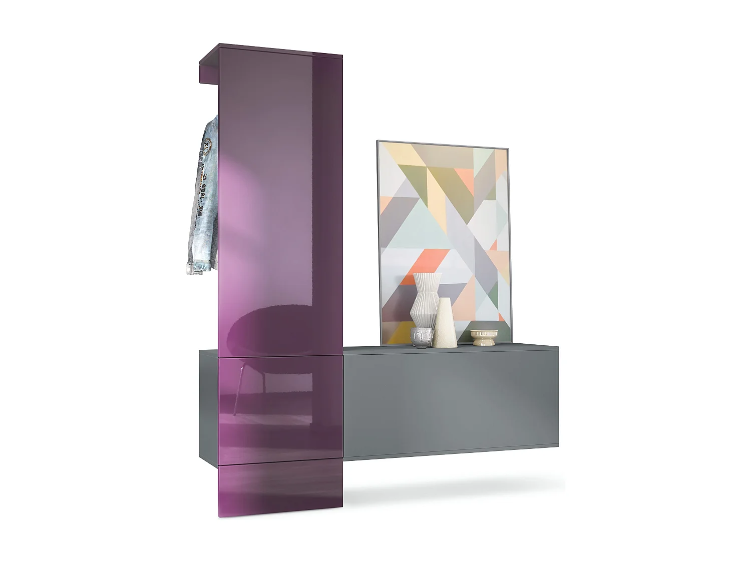 Penderie Carlton Set 4, Meuble d’entrée comprenant 1 panneau porte-manteaux, 1 module de commode, anthracite mat/mûre haute brillance (156,5 x 193 x 35 cm)