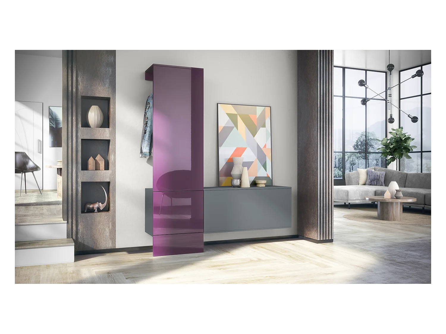 Penderie Carlton Set 4, Meuble d’entrée comprenant 1 panneau porte-manteaux, 1 module de commode, anthracite mat/mûre haute brillance (156,5 x 193 x 35 cm)