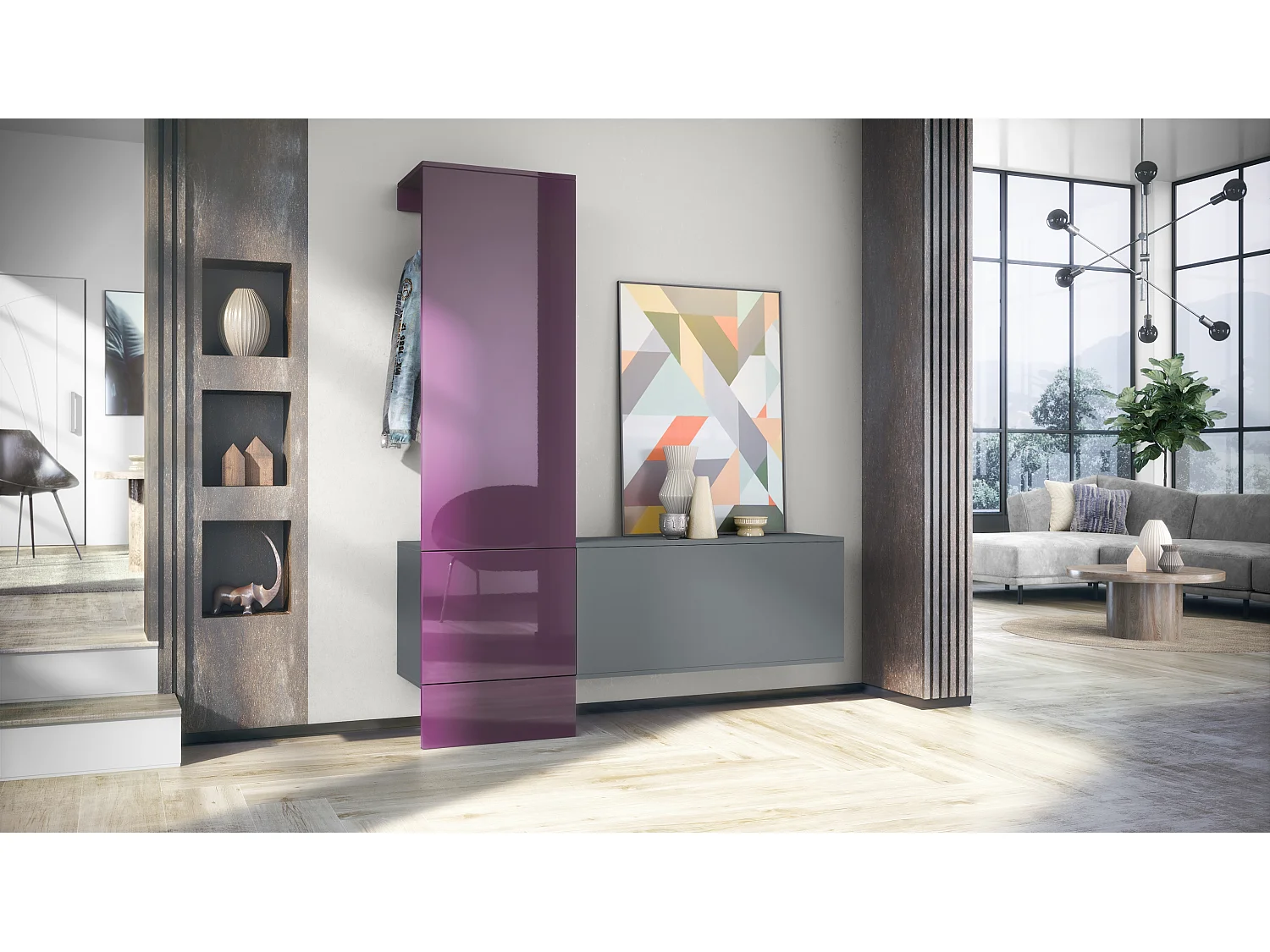 Penderie Carlton Set 4, Meuble d’entrée comprenant 1 panneau porte-manteaux, 1 module de commode, anthracite mat/mûre haute brillance (156,5 x 193 x 35 cm)