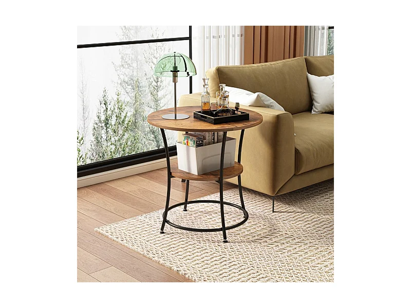 Stolik kawowy ława industrialny okrągły do salonu z półką brąz loft 55 cm