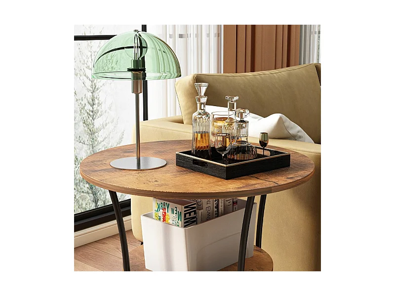 Stolik kawowy ława industrialny okrągły do salonu z półką brąz loft 55 cm