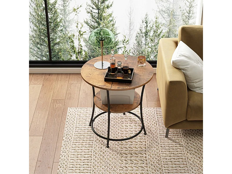 Stolik kawowy ława industrialny okrągły do salonu z półką brąz loft 55 cm