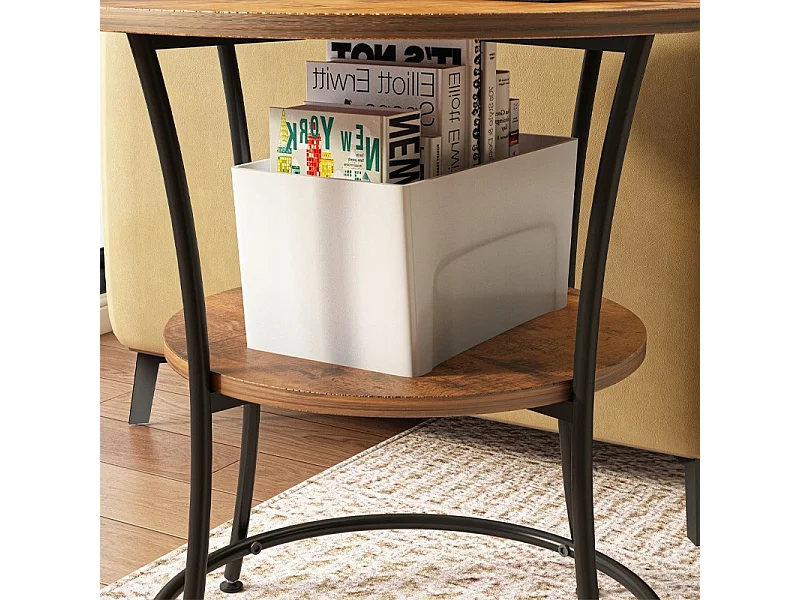 Stolik kawowy ława industrialny okrągły do salonu z półką brąz loft 55 cm