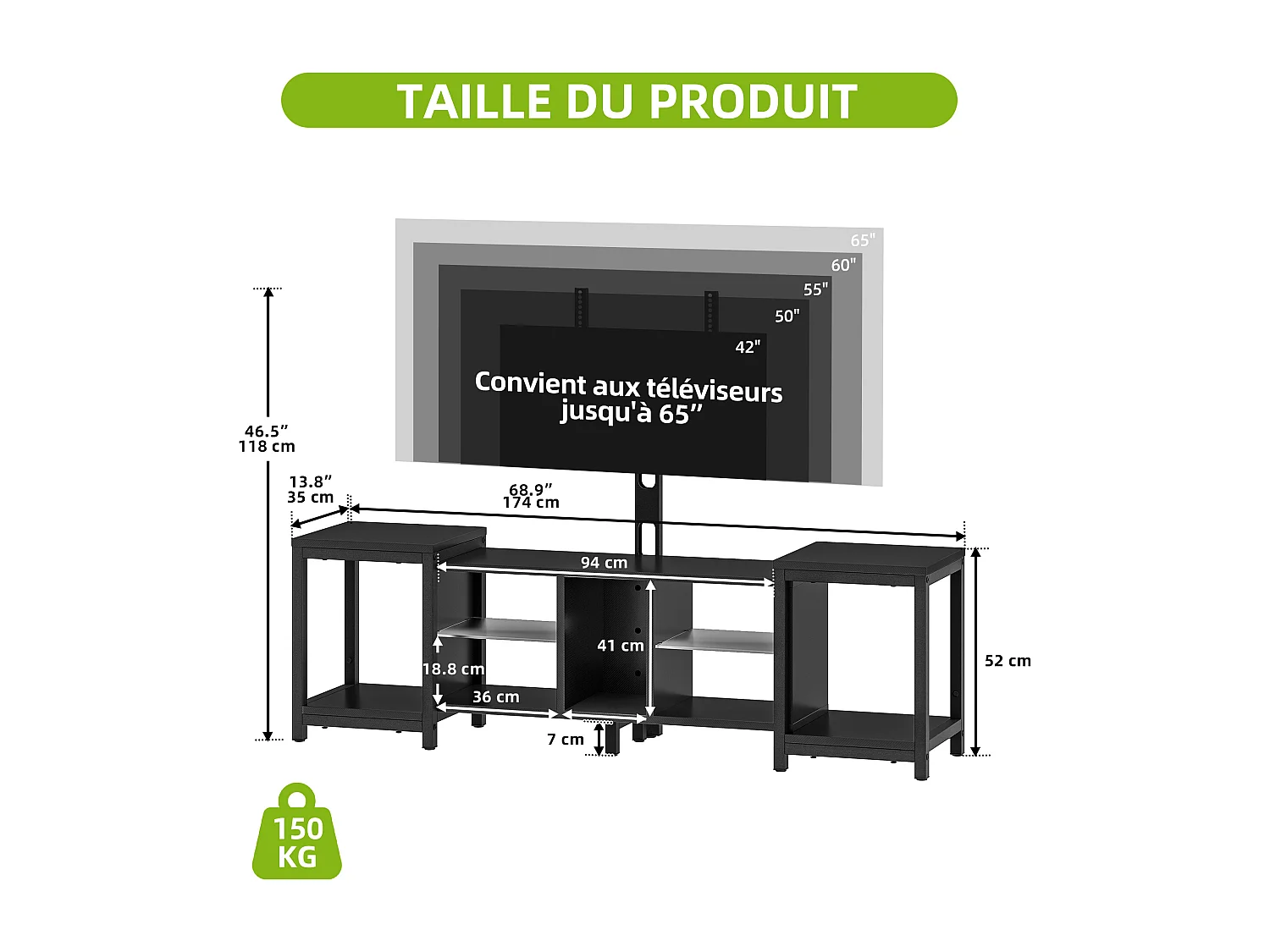 YITAHOME Meuble TV réglable de 104 à 174 cm avec support d'installation pour téléviseurs jusqu'à 70 pouces