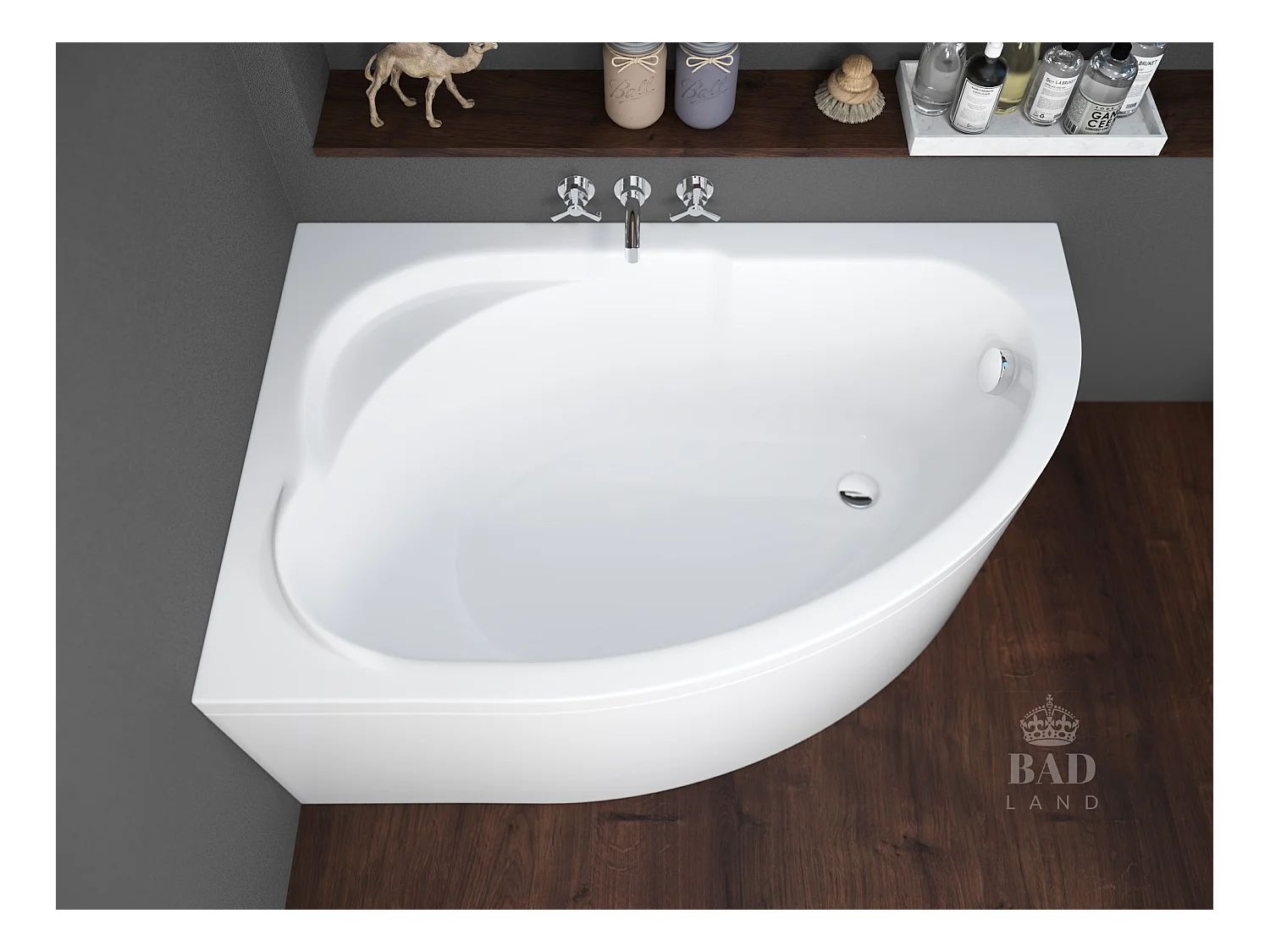 Baignoire asymétrique 130x85 Gauche STANDARD acrylique blanc + avec Tablier + Pieds + Vidage à chromé