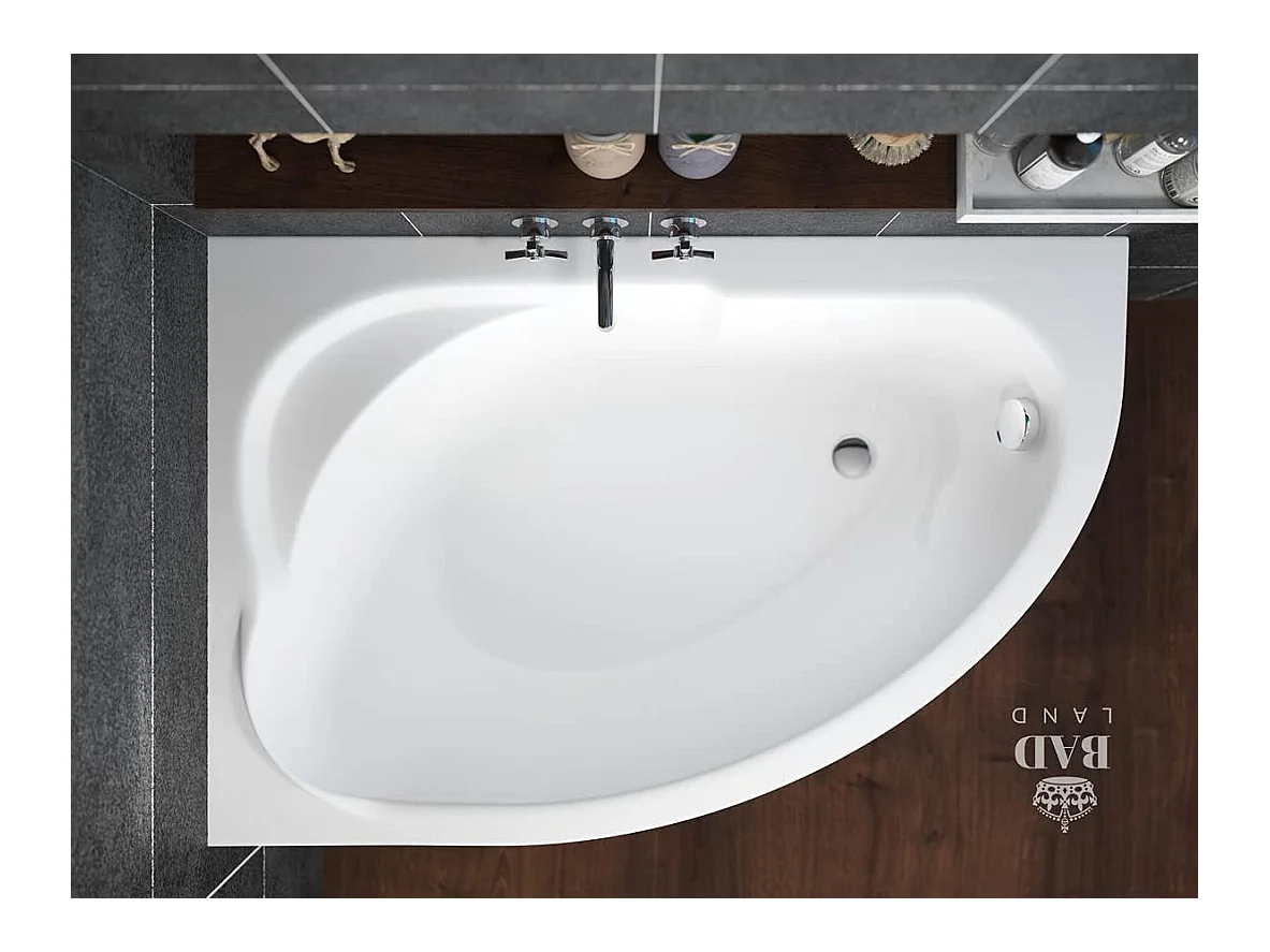 Baignoire asymétrique 130x85 Gauche STANDARD acrylique blanc + avec Tablier + Pieds + Vidage à chromé