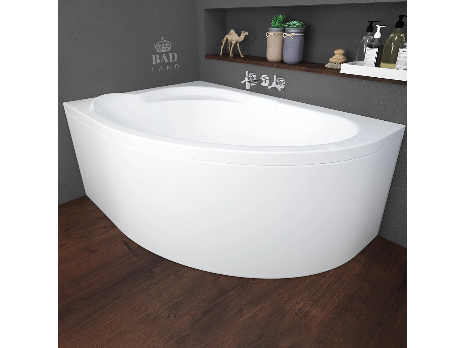 Baignoire asymétrique 130x85 Gauche STANDARD acrylique blanc + avec Tablier + Pieds + Vidage à chromé