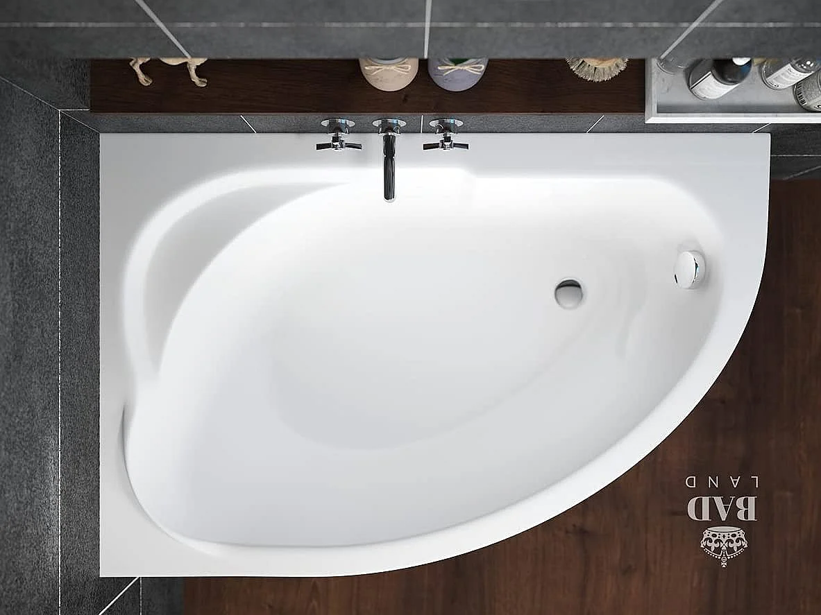 Baignoire asymétrique 130x85 Gauche STANDARD acrylique blanc + avec Tablier + Pieds + Vidage à chromé