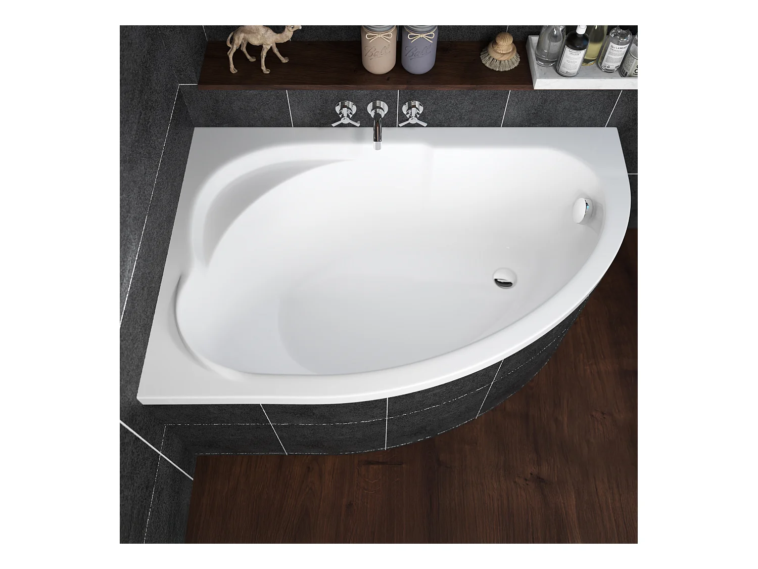 Baignoire asymétrique 130x85 Droite STANDARD acrylique blanc + Habillage en polystyrène + Pieds + Vidage à chromé