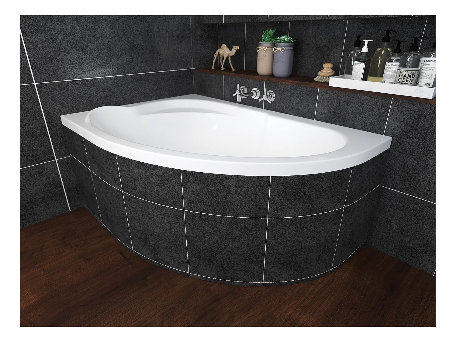 Baignoire asymétrique 130x85 Droite STANDARD acrylique blanc + Habillage en polystyrène + Pieds + Vidage à chromé