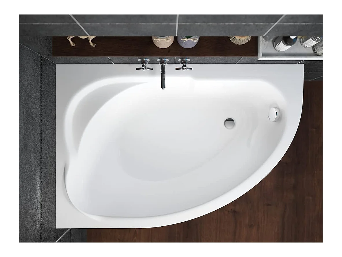 Baignoire asymétrique 130x85 Droite STANDARD acrylique blanc + Habillage en polystyrène + Pieds + Vidage à chromé