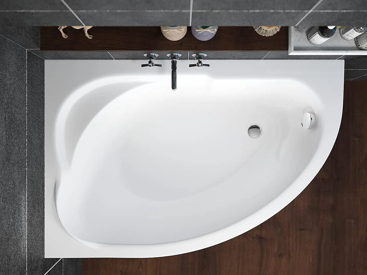 Baignoire asymétrique 130x85 Droite STANDARD acrylique blanc + Habillage en polystyrène + Pieds + Vidage à chromé