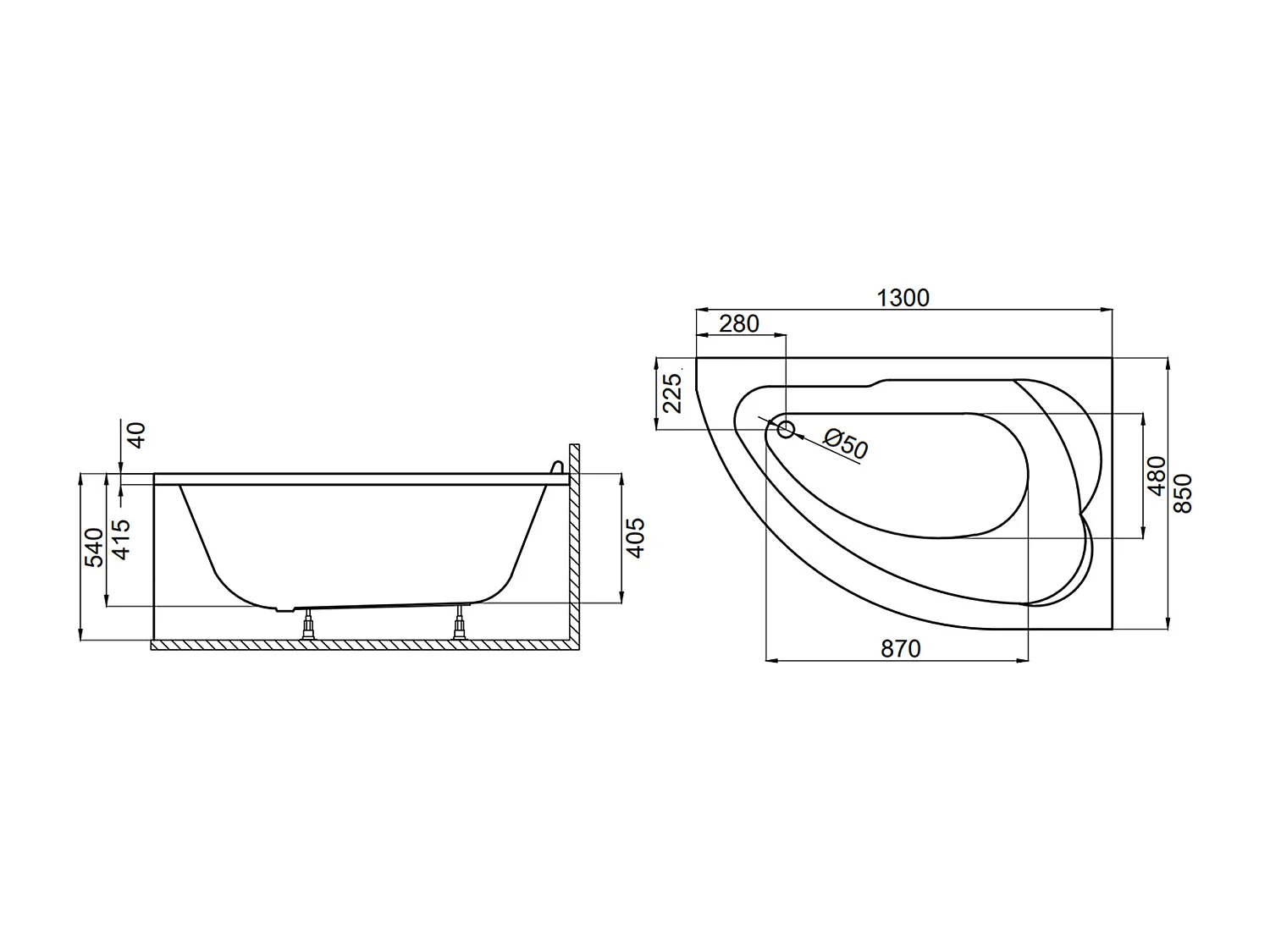 Baignoire asymétrique 130x85 Droite STANDARD acrylique blanc + Habillage en polystyrène + Pieds + Vidage à chromé