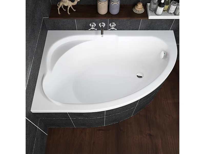 Baignoire asymétrique 130x85 Droite STANDARD acrylique blanc + Habillage en polystyrène + Pieds + Vidage à chromé