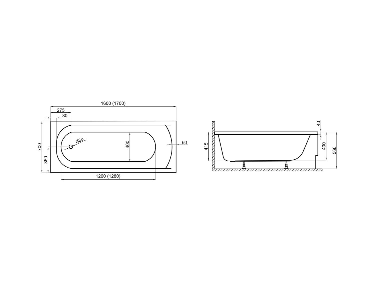 Baignoire rectangulaire 160x70 CLASSIC acrylique blanc + Support stabilisateur en polystyrène + Pieds + Vidage à chromé