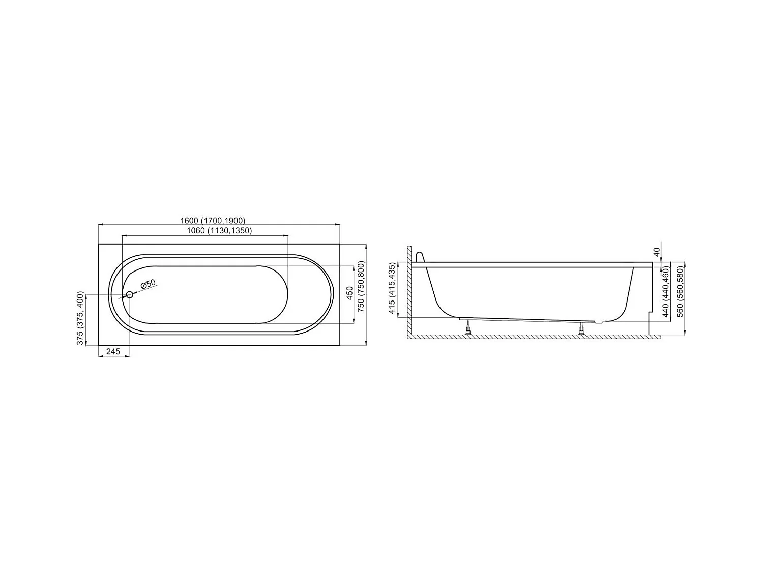 Badewanne Rechteck MEDIUM 190x80 | Ablauf & Füße GRATIS !