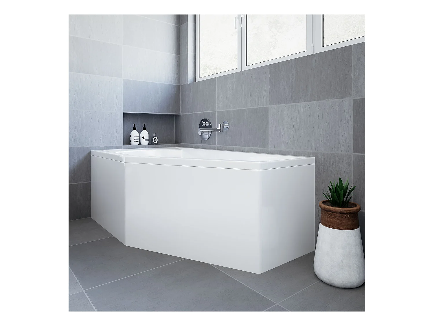 Baignoire asymétrique 150x90 Gauche SELENA acrylique blanc + avec Tablier + Pieds + Vidage à chromé