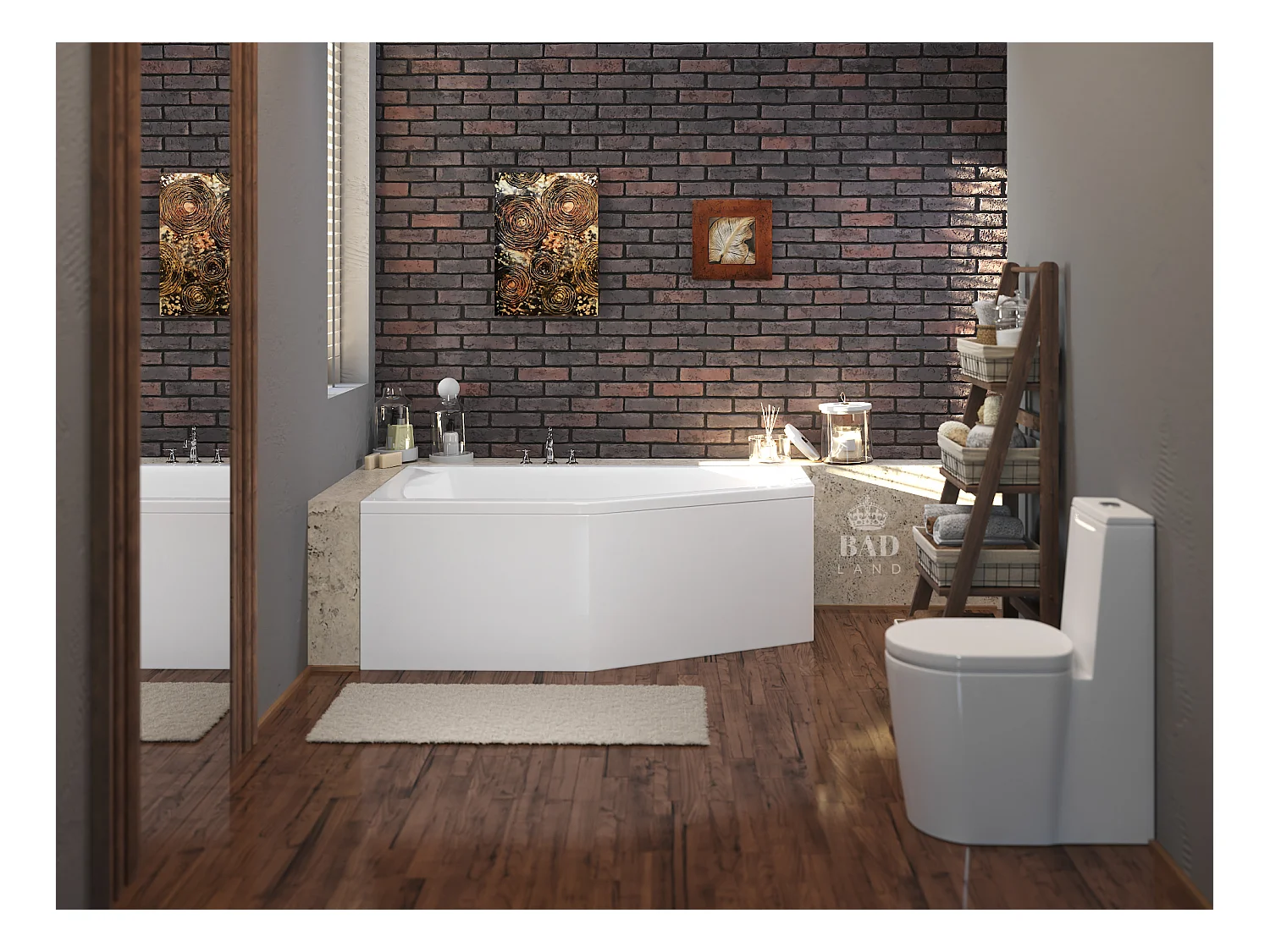 Baignoire asymétrique 150x90 Gauche SELENA acrylique blanc + avec Tablier + Pieds + Vidage à chromé