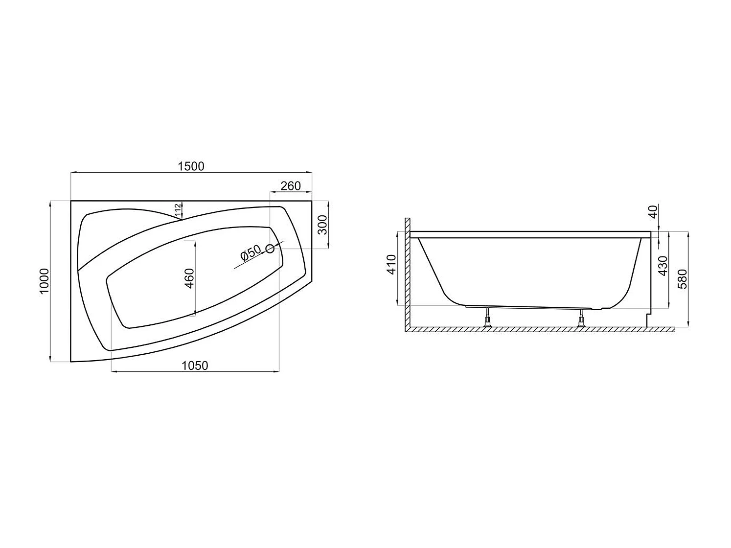 Badewanne Eckwanne FRIDA 150x100 Links mit AcrylSchürze | Ablauf & Füße GRATIS !