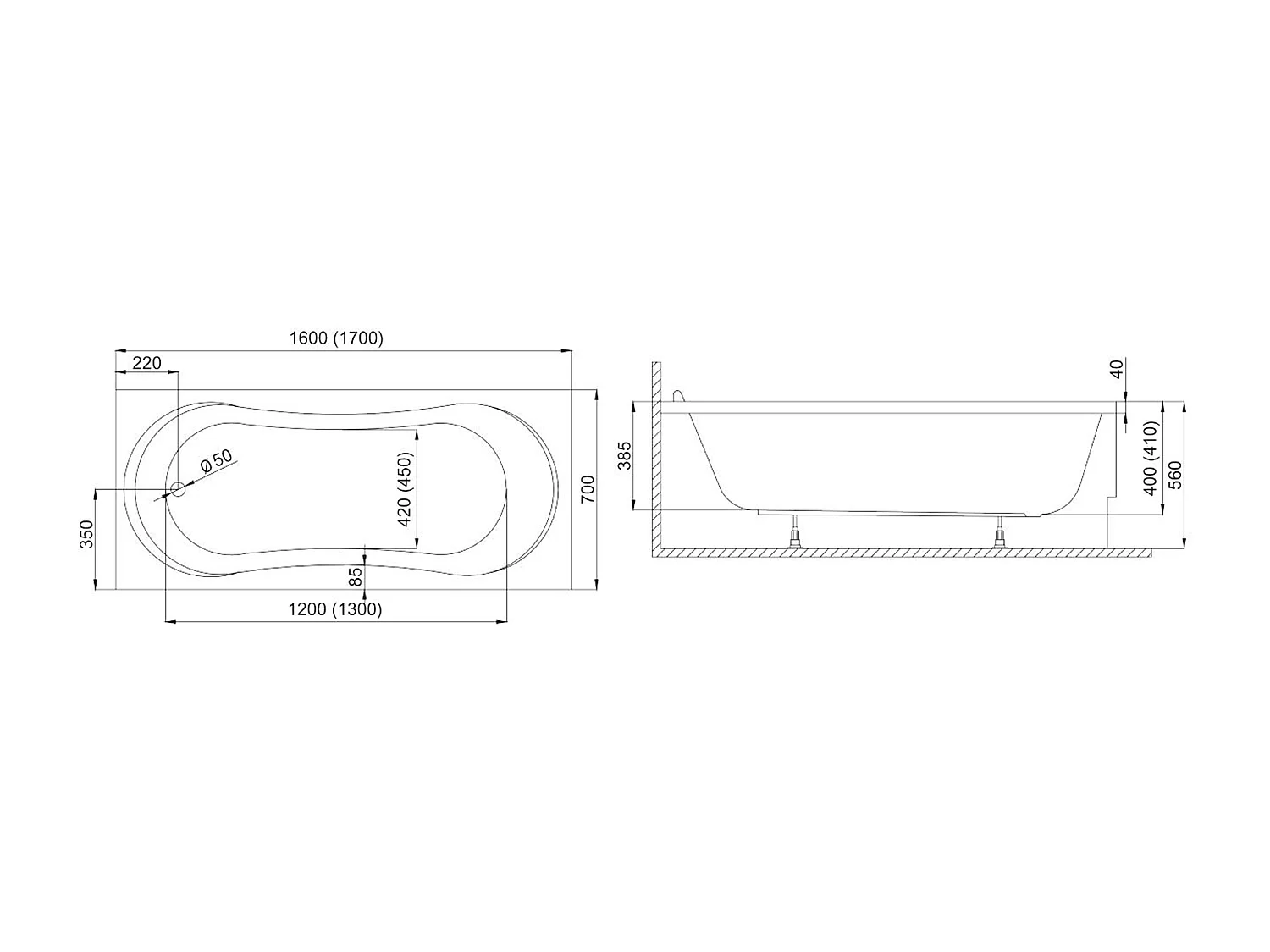 Badewanne Rechteck GRACJA 170x70 mit Wannenträger | Ablauf & Füße GRATIS !