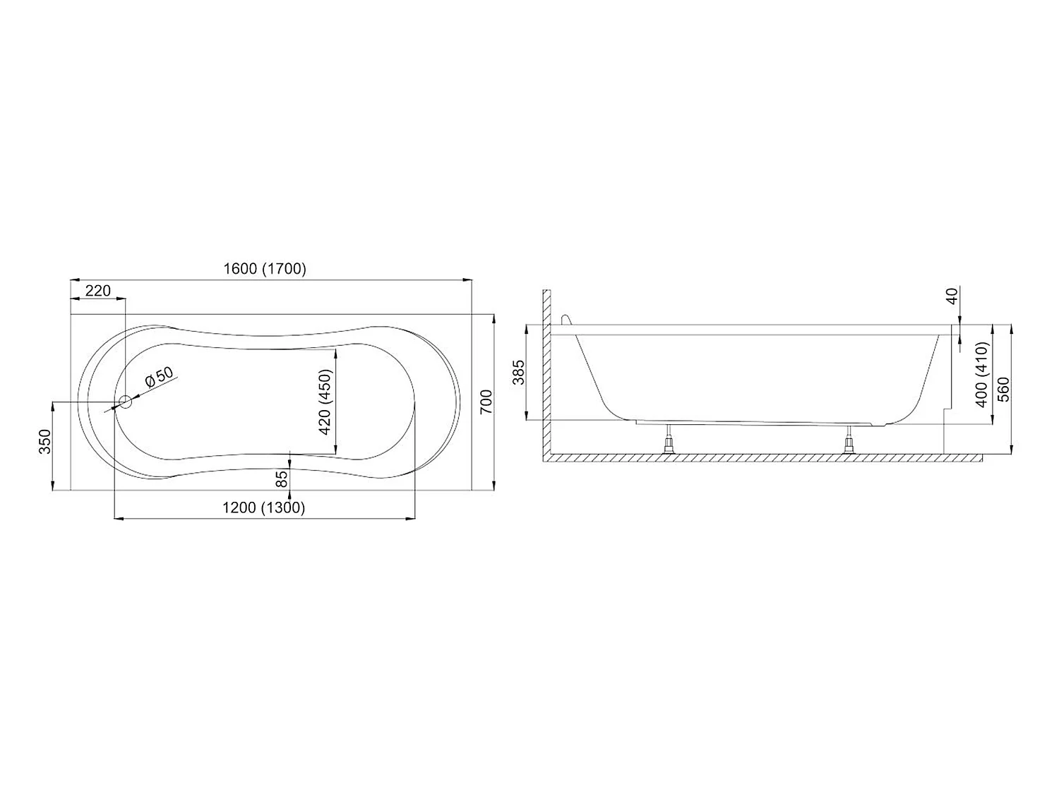 Baignoire rectangulaire 170x70 GRACJA acrylique blanc + Support stabilisateur en polystyrène + Pieds + Vidage à chromé