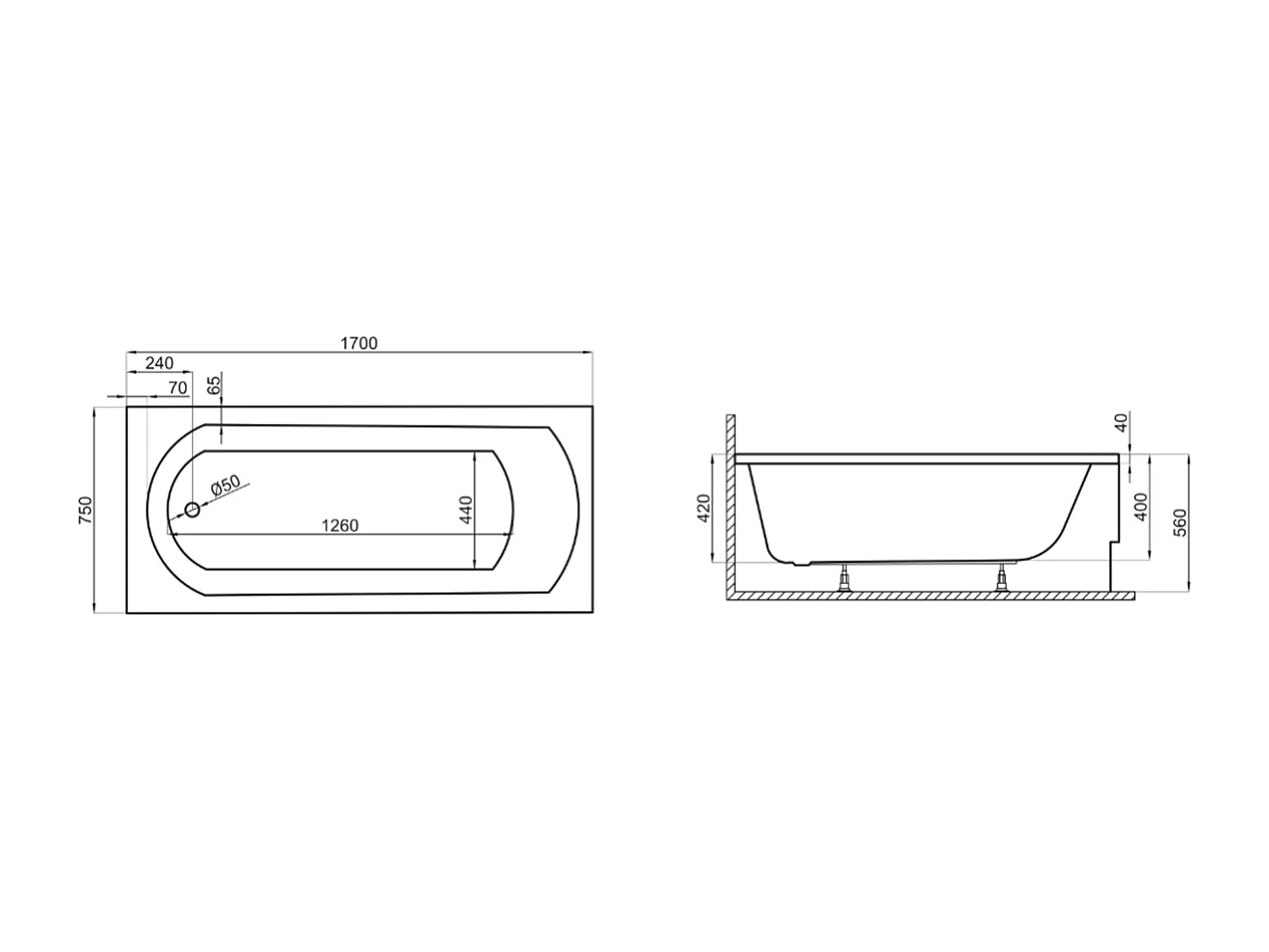 Badewanne Rechteck CLASSIC 170x75 mit Wannenträger | Ablauf & Füße GRATIS !