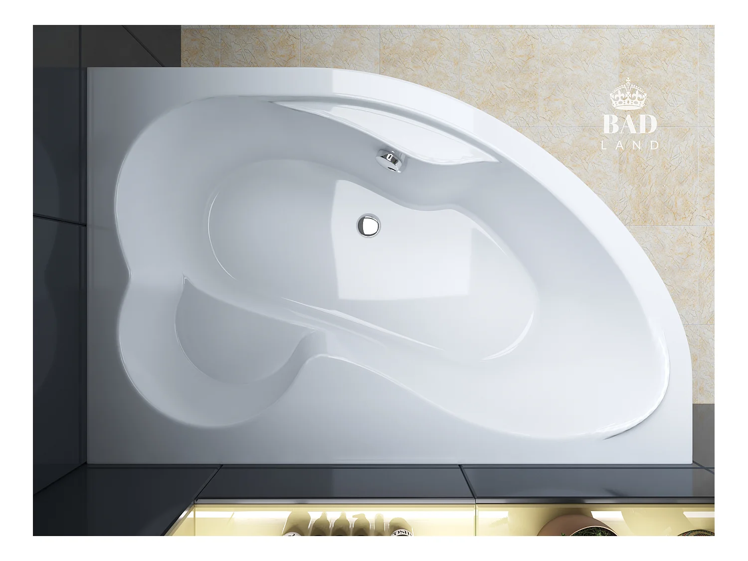 Hoekbad MEGA 160x105 rechts met acrylschort | Afvoer &amp; poten GRATIS!