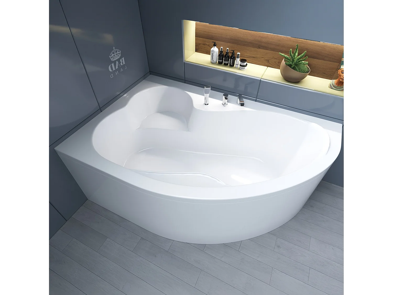 Baignoire asymétrique 160x105 Droite MEGA acrylique blanc + avec Tablier + Pieds + Vidage à chromé