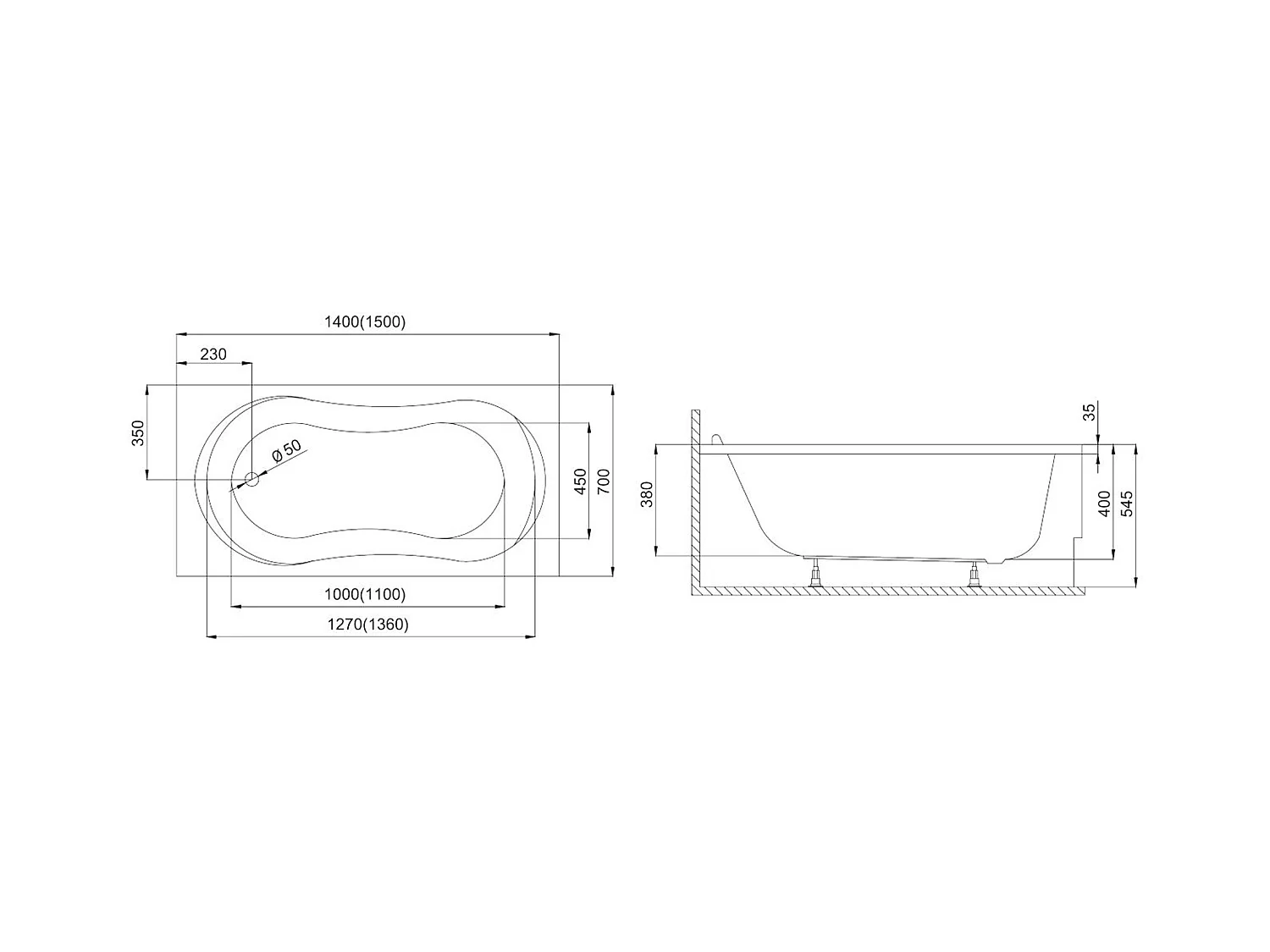 Baignoire rectangulaire 150x70 GRACJA acrylique blanc + Habillage en polystyrène + Pieds + Vidage à chromé