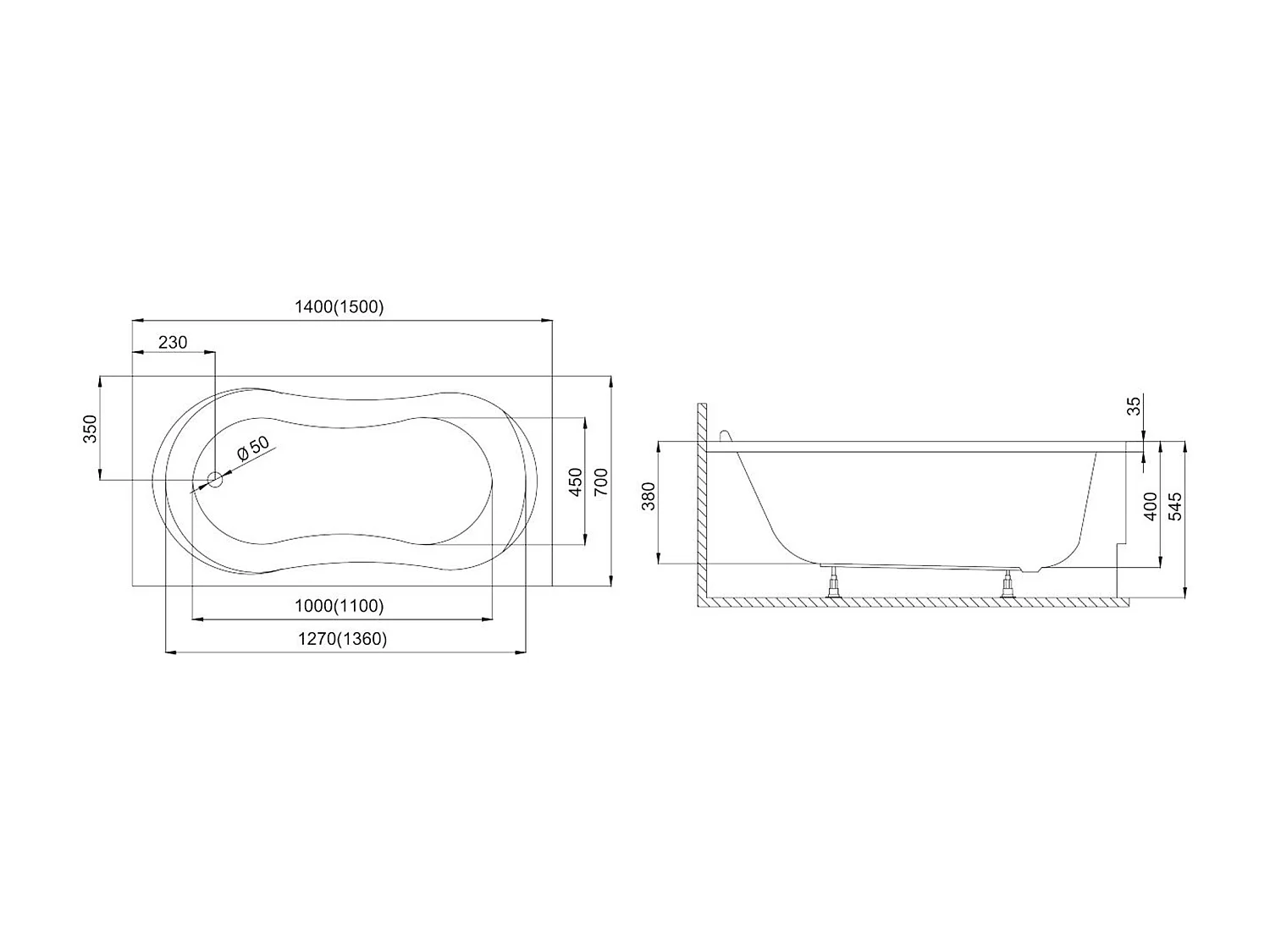Baignoire rectangulaire 150x70 GRACJA acrylique blanc + Habillage en polystyrène + Pieds + Vidage à chromé