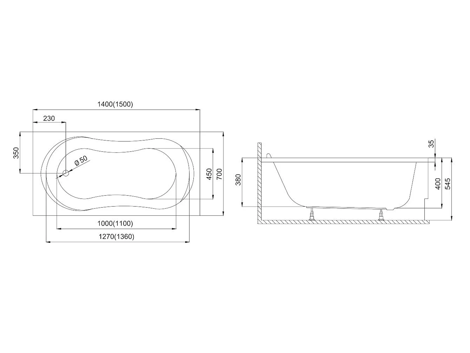 Baignoire rectangulaire 150x70 GRACJA acrylique blanc + Habillage en polystyrène + Pieds + Vidage à chromé